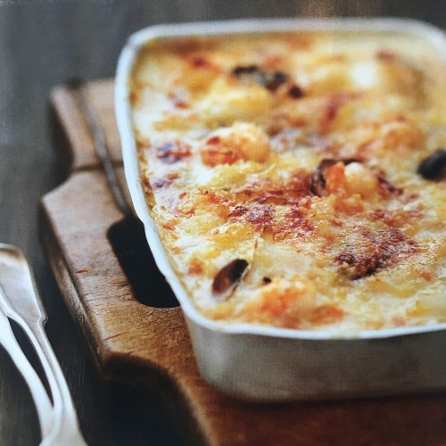 Recette Gratin de cabillaud et crevettes aux champignons