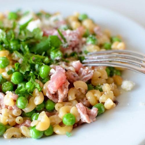 Recette Risotto de coquillettes, petits pois et lardons