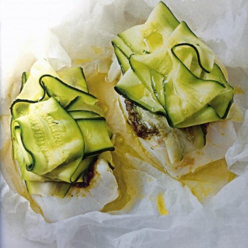 Recette Papillote de cabillaud, courgettes et pesto