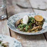 Fregola, poulet, aubergines et ricotta