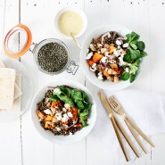 Salade de lentilles aux poires, courges rôties et vinaigrette au curry