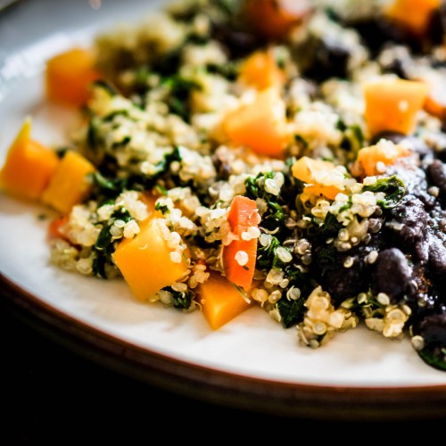 Recette Salade de lentilles noires, quinoa,potiron & épinards